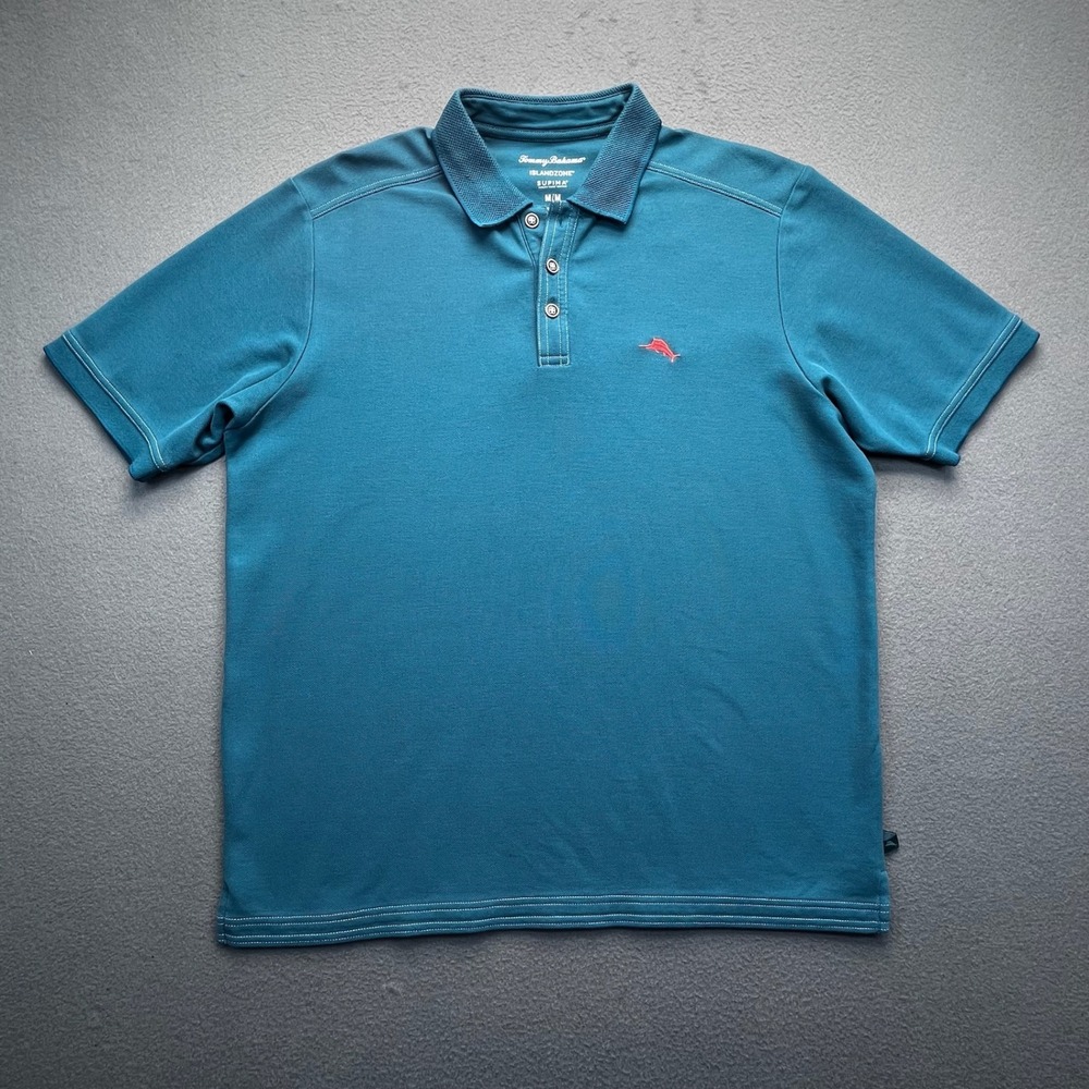 Tommy Bahama Islandzone Supima Cotton Polo Shirt Mens M Medium‎ Teal Embroidered